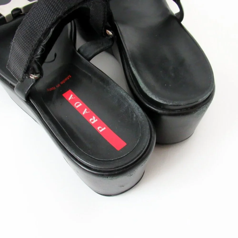 PRADA 90’s VINTAGE Black Sporty Open Toe Platform Sandals W/Metal Buckles Size-9